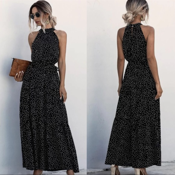 Boho polka dot halter belted maxi dress - Picture 6 of 9
